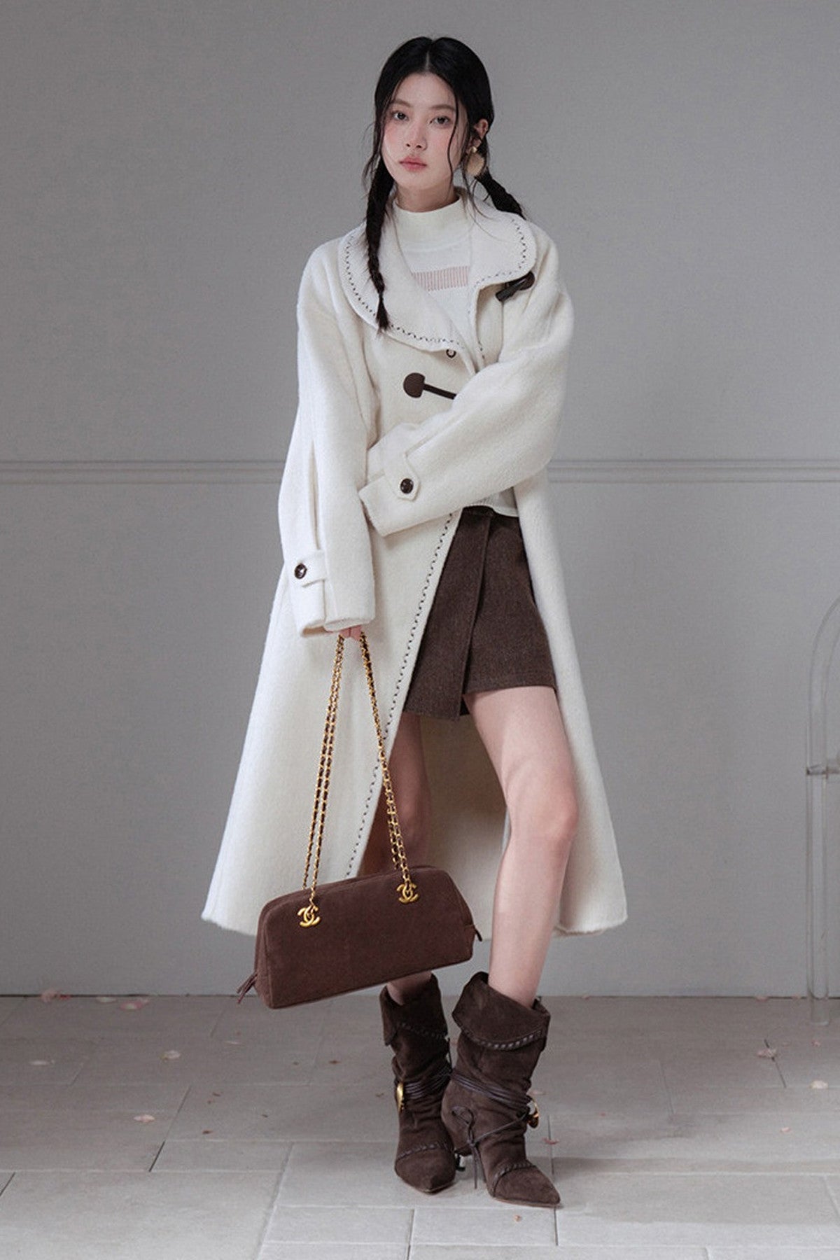 Flowing Embroidered Double-Faced Wool Rabbit Fur Coat
