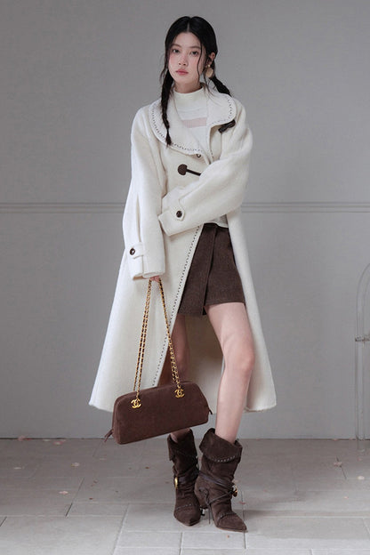 Flowing Embroidered Double-Faced Wool Rabbit Fur Coat