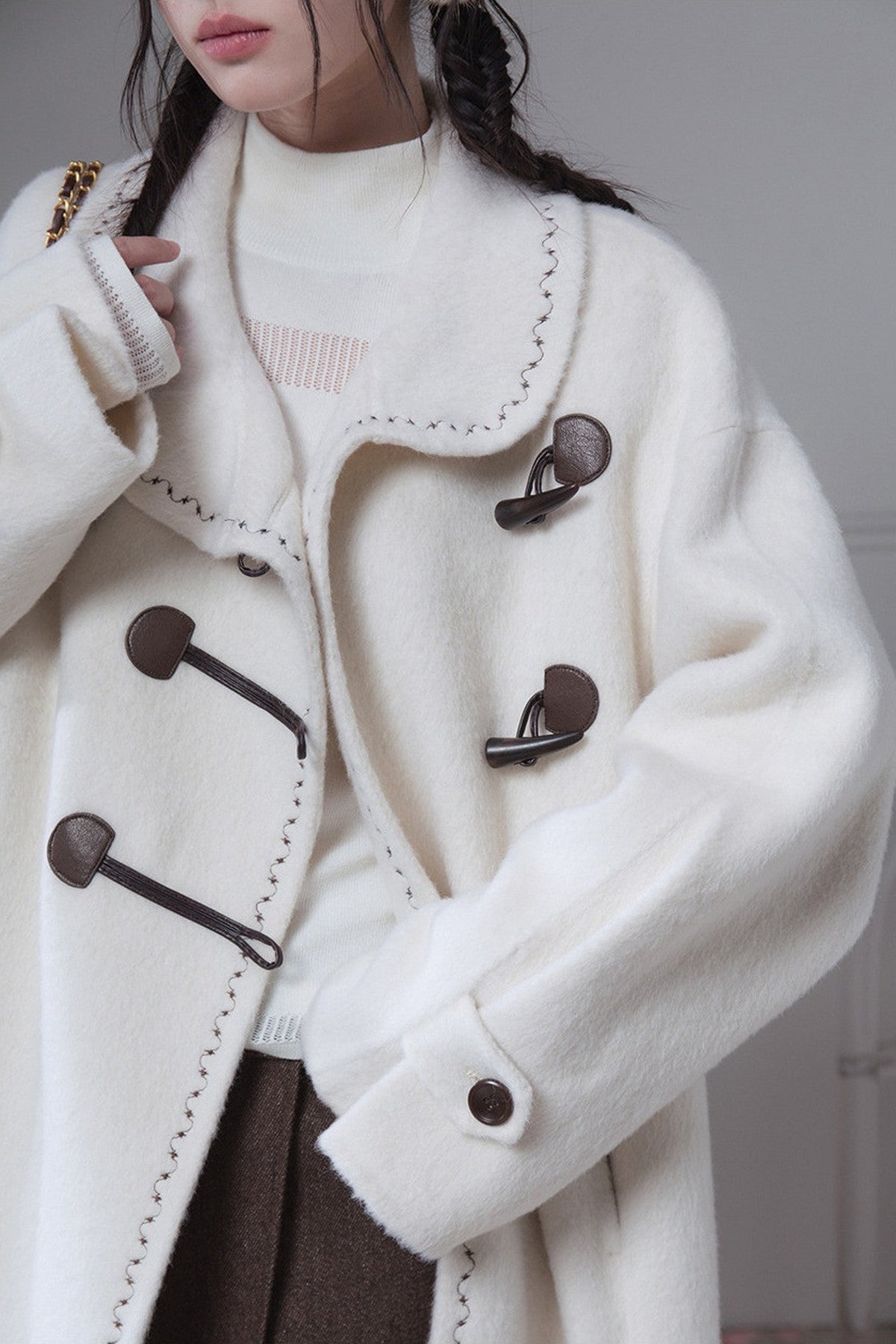 Flowing Embroidered Double-Faced Wool Rabbit Fur Coat
