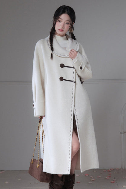 Flowing Embroidered Double-Faced Wool Rabbit Fur Coat