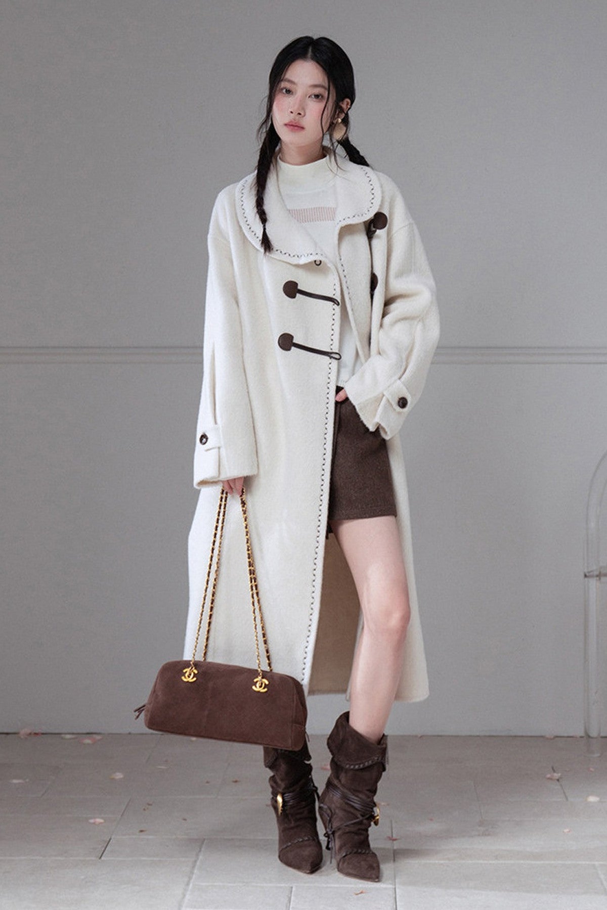Flowing Embroidered Double-Faced Wool Rabbit Fur Coat