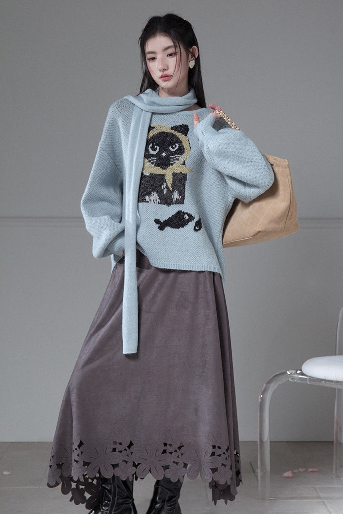 Smoky Gray Laser-Engraved Suede Skirt