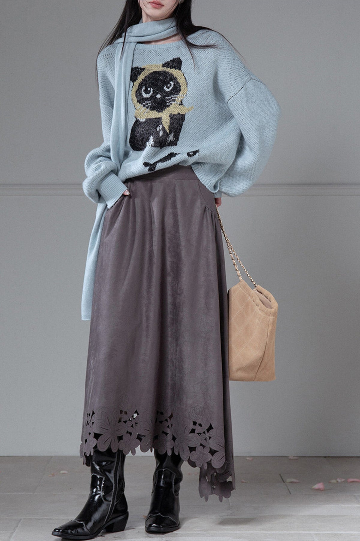 Smoky Gray Laser-Engraved Suede Skirt