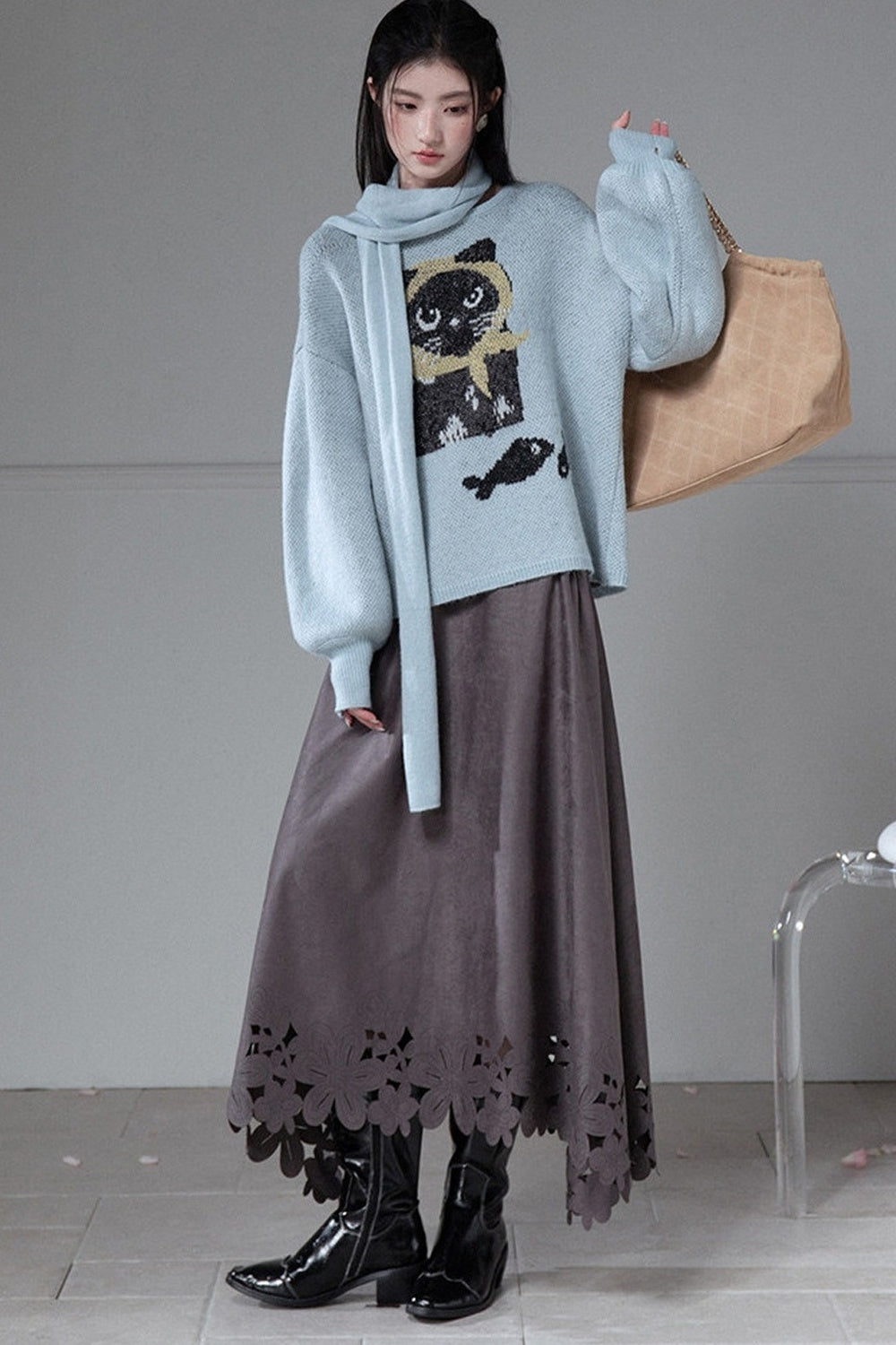 Smoky Gray Laser-Engraved Suede Skirt