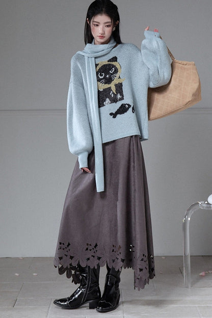 Smoky Gray Laser-Engraved Suede Skirt