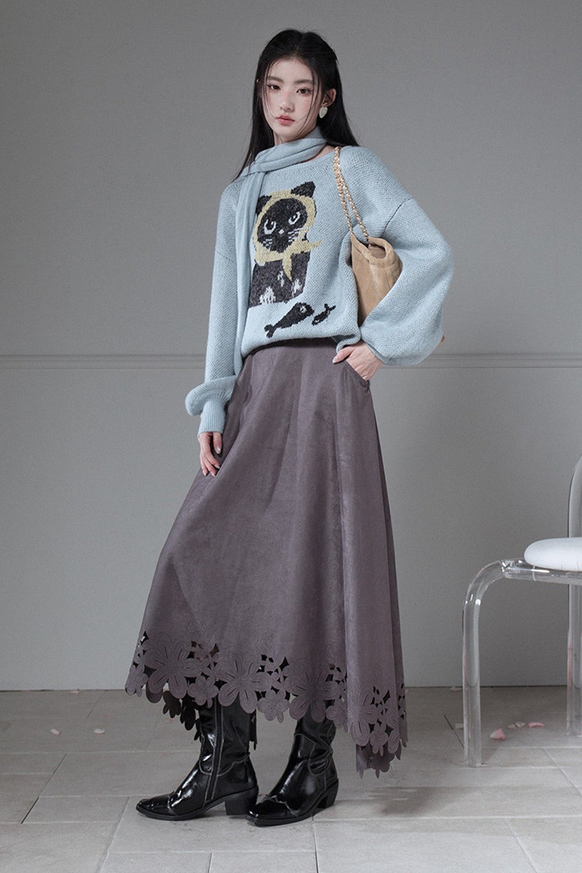 Smoky Gray Laser-Engraved Suede Skirt