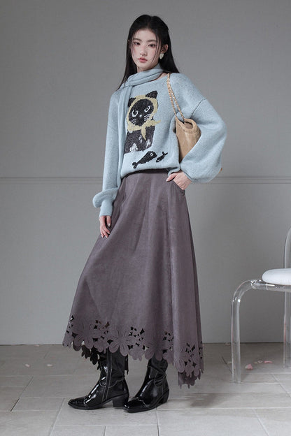 Smoky Gray Laser-Engraved Suede Skirt