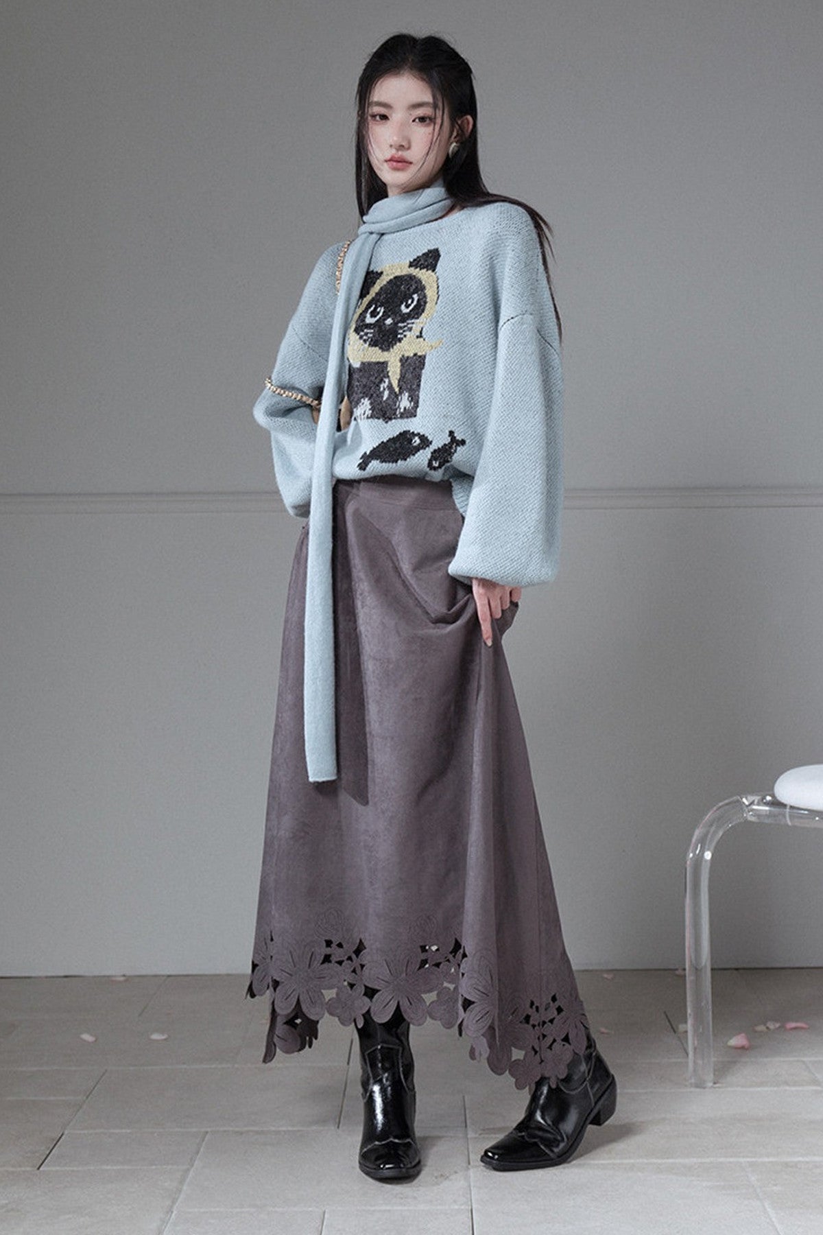 Smoky Gray Laser-Engraved Suede Skirt