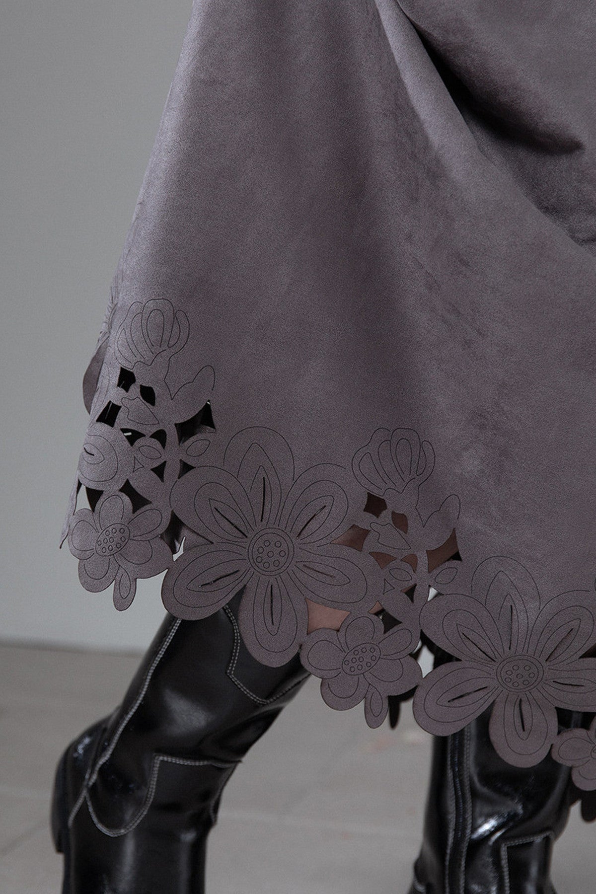 Smoky Gray Laser-Engraved Suede Skirt