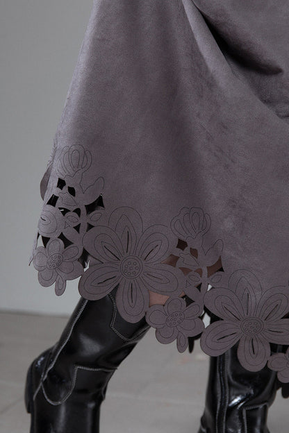 Smoky Gray Laser-Engraved Suede Skirt