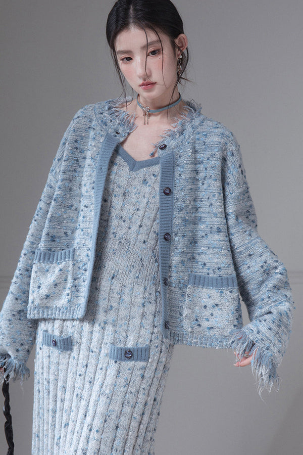 Speckled Knit Cardigan And Vest Dress Set-Up