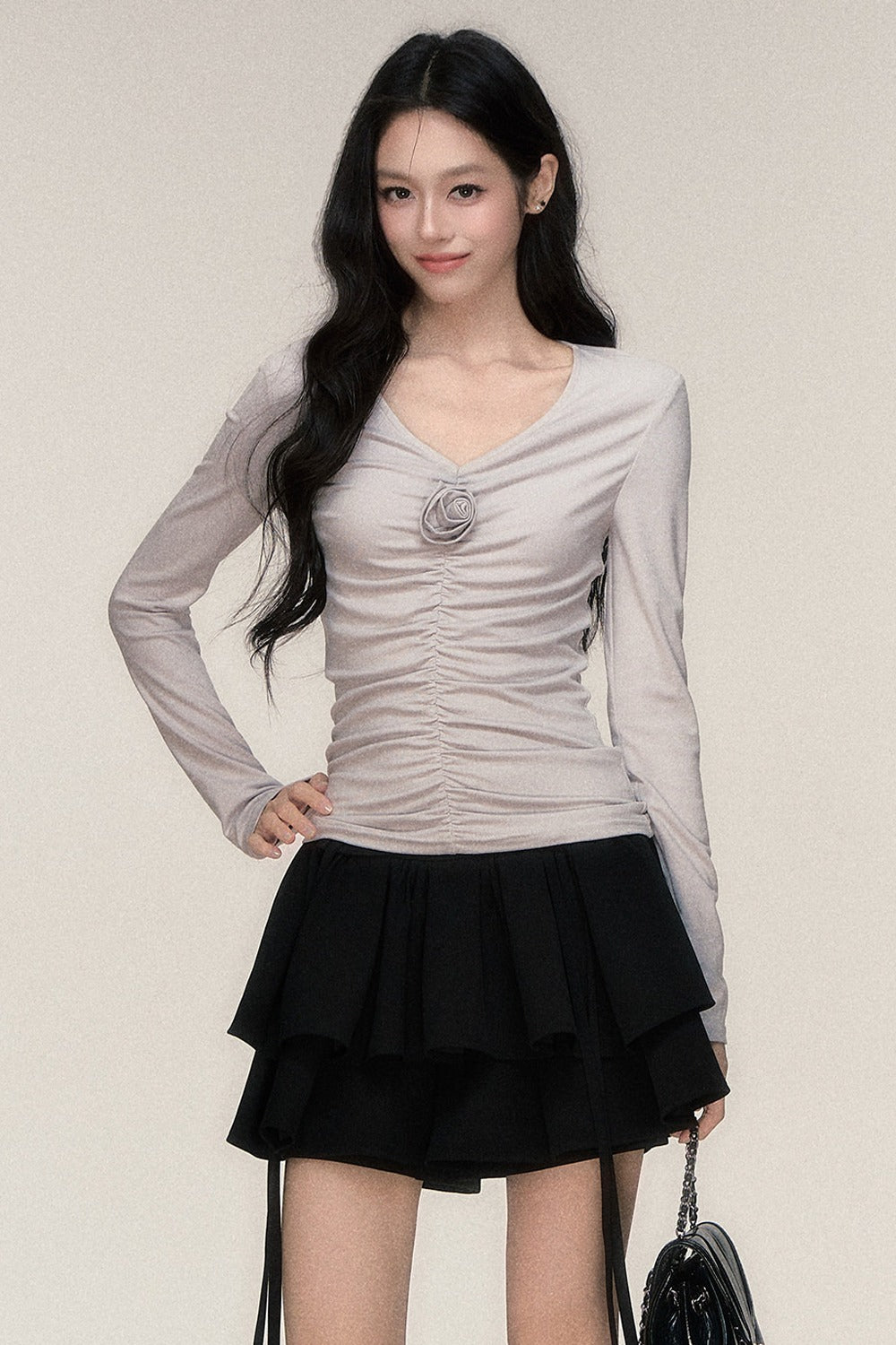 Rose Brooch Ruched Layered T-shirt