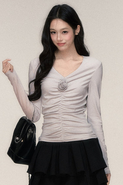 Rose Brooch Ruched Layered T-shirt