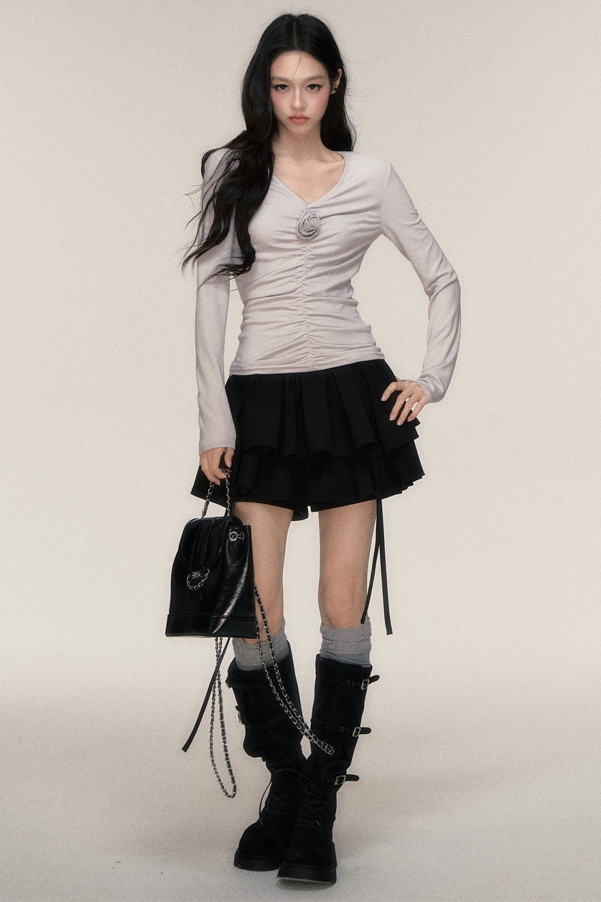 Rose Brooch Ruched Layered T-shirt