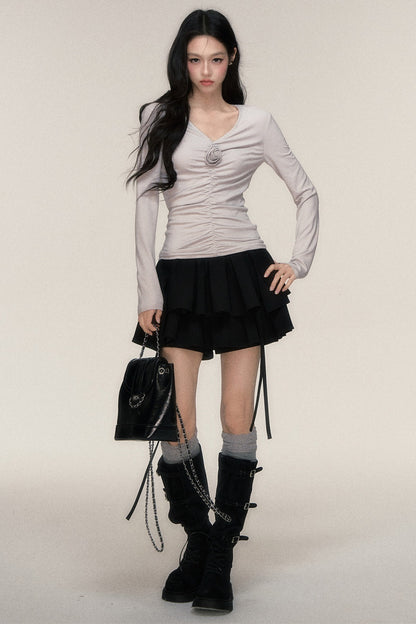 Rose Brooch Ruched Layered T-shirt