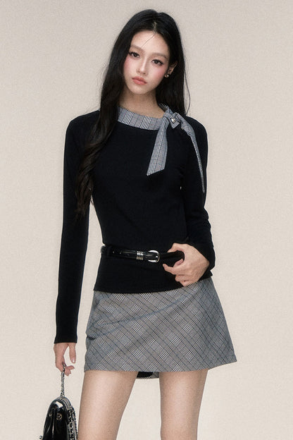 Plaid Ribbon Long Sleeve Top and Skirt Set-Up