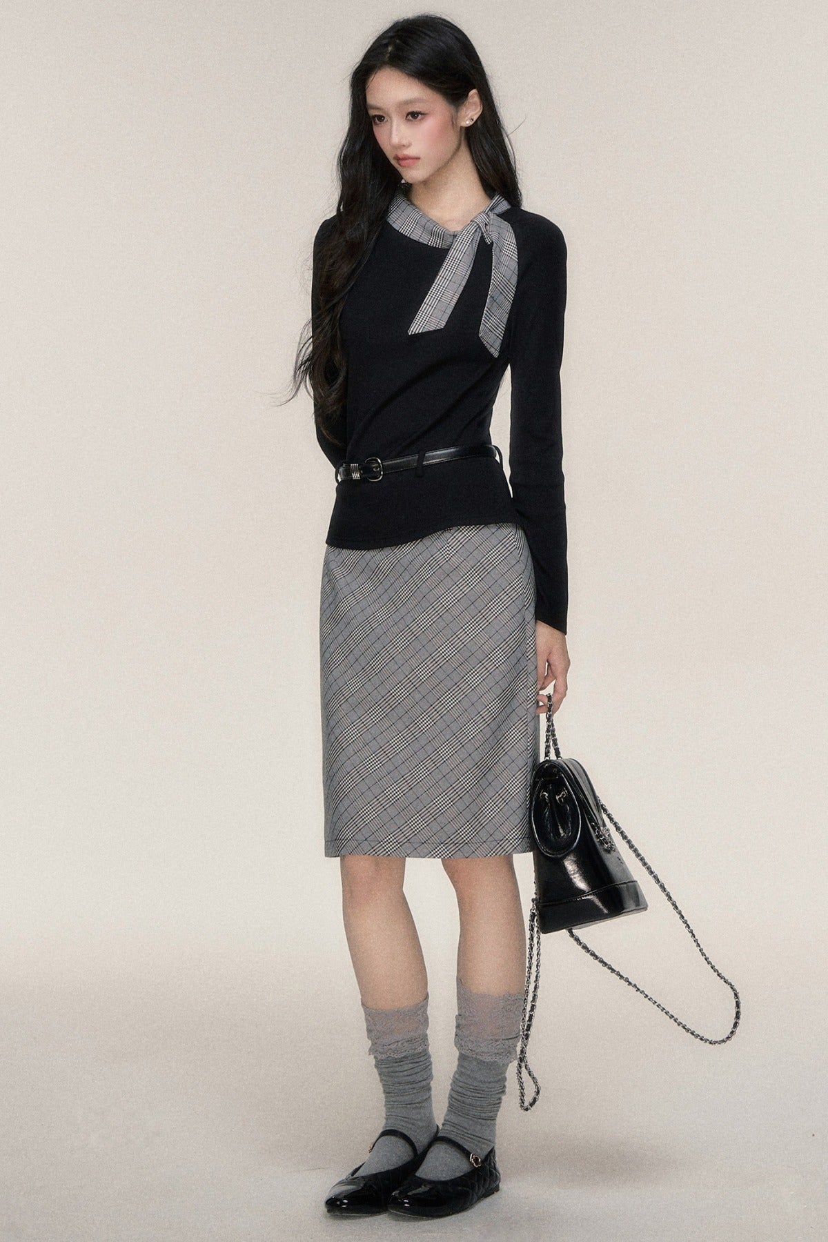 Plaid Ribbon Long Sleeve Top and Skirt Set-Up