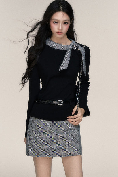 Plaid Ribbon Long Sleeve Top and Skirt Set-Up