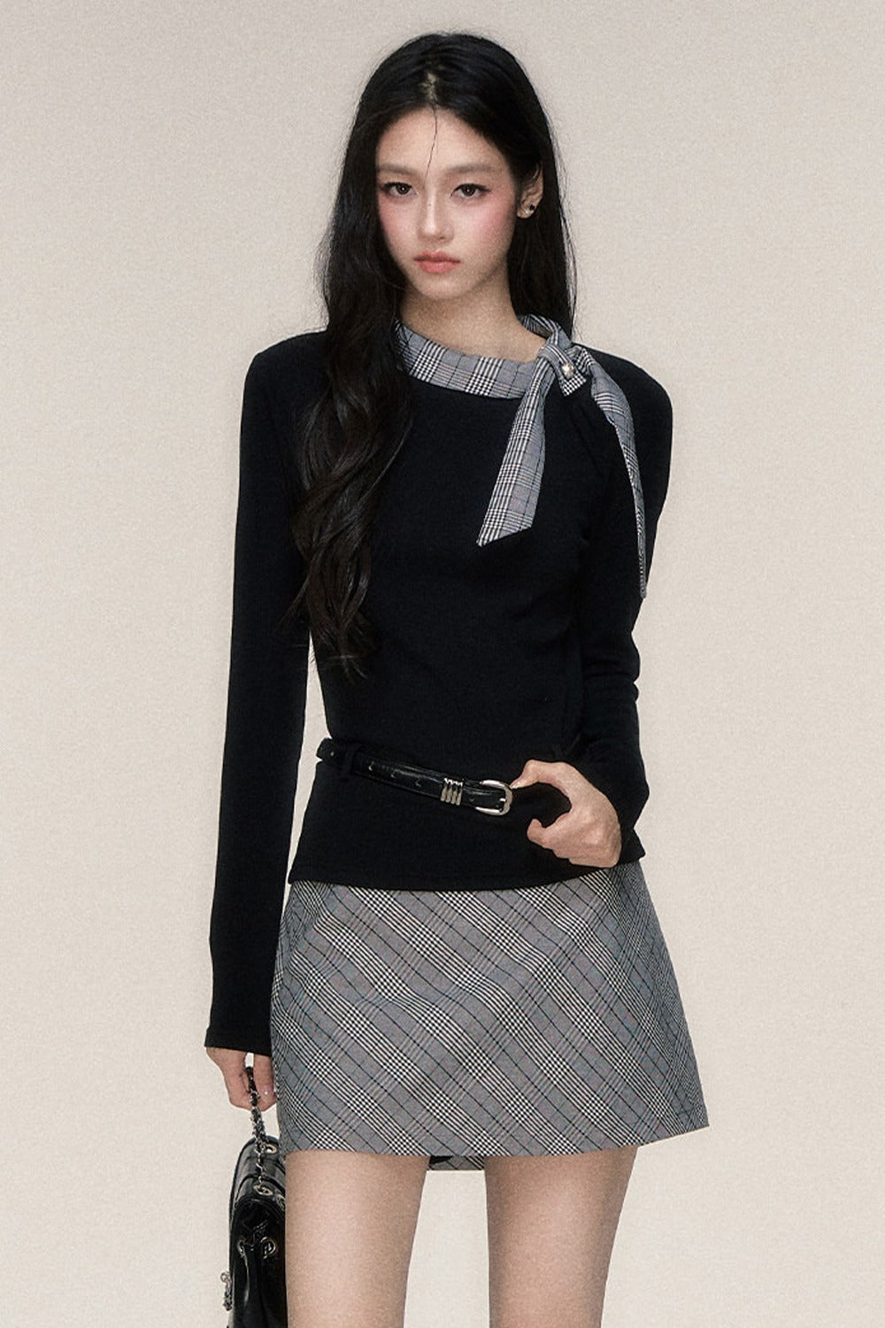 Plaid Ribbon Long Sleeve Top and Skirt Set-Up