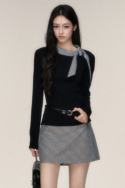 Plaid Ribbon Long Sleeve Top and Skirt Set-Up