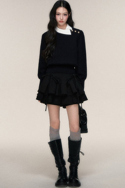 Black White Contrast Knit Top and Skirt Set-Up