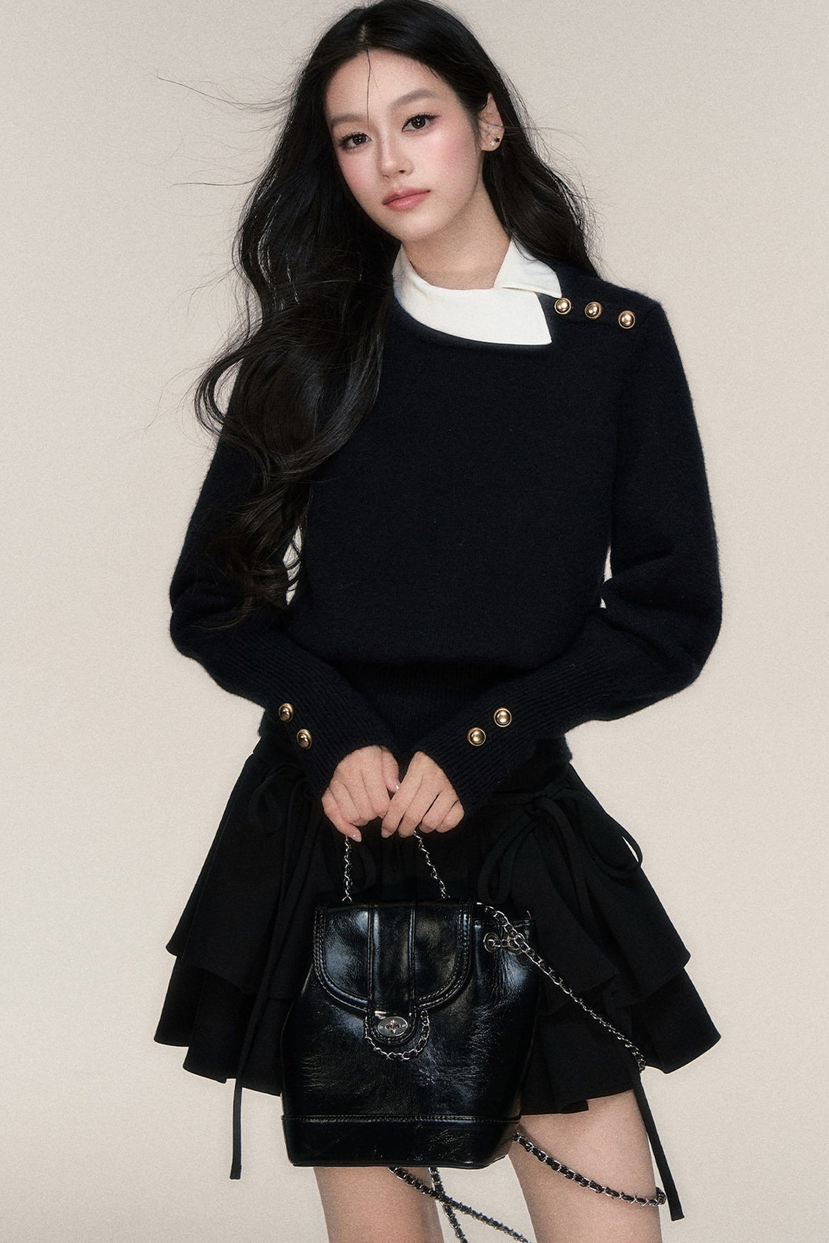 Black White Contrast Knit Top and Skirt Set-Up