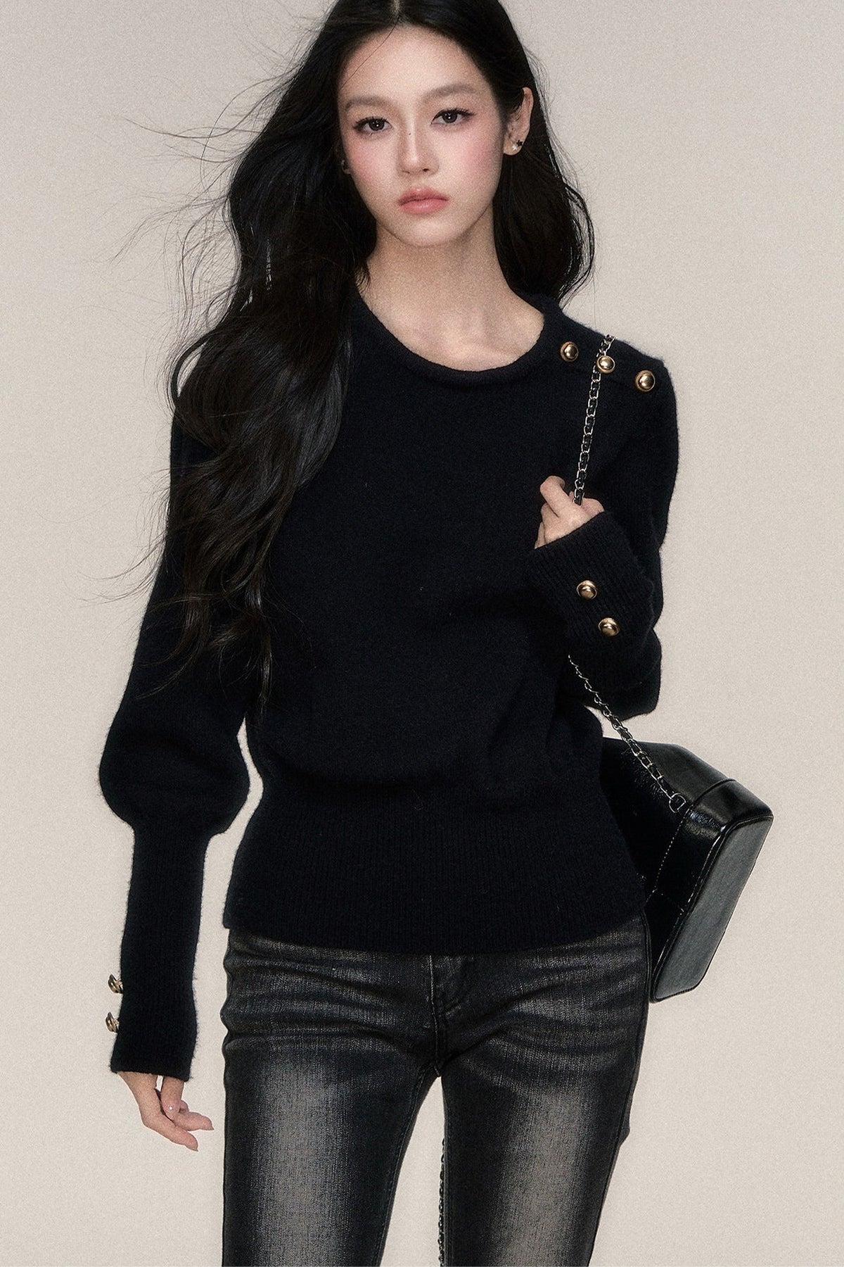 Black White Contrast Knit Top and Skirt Set-Up