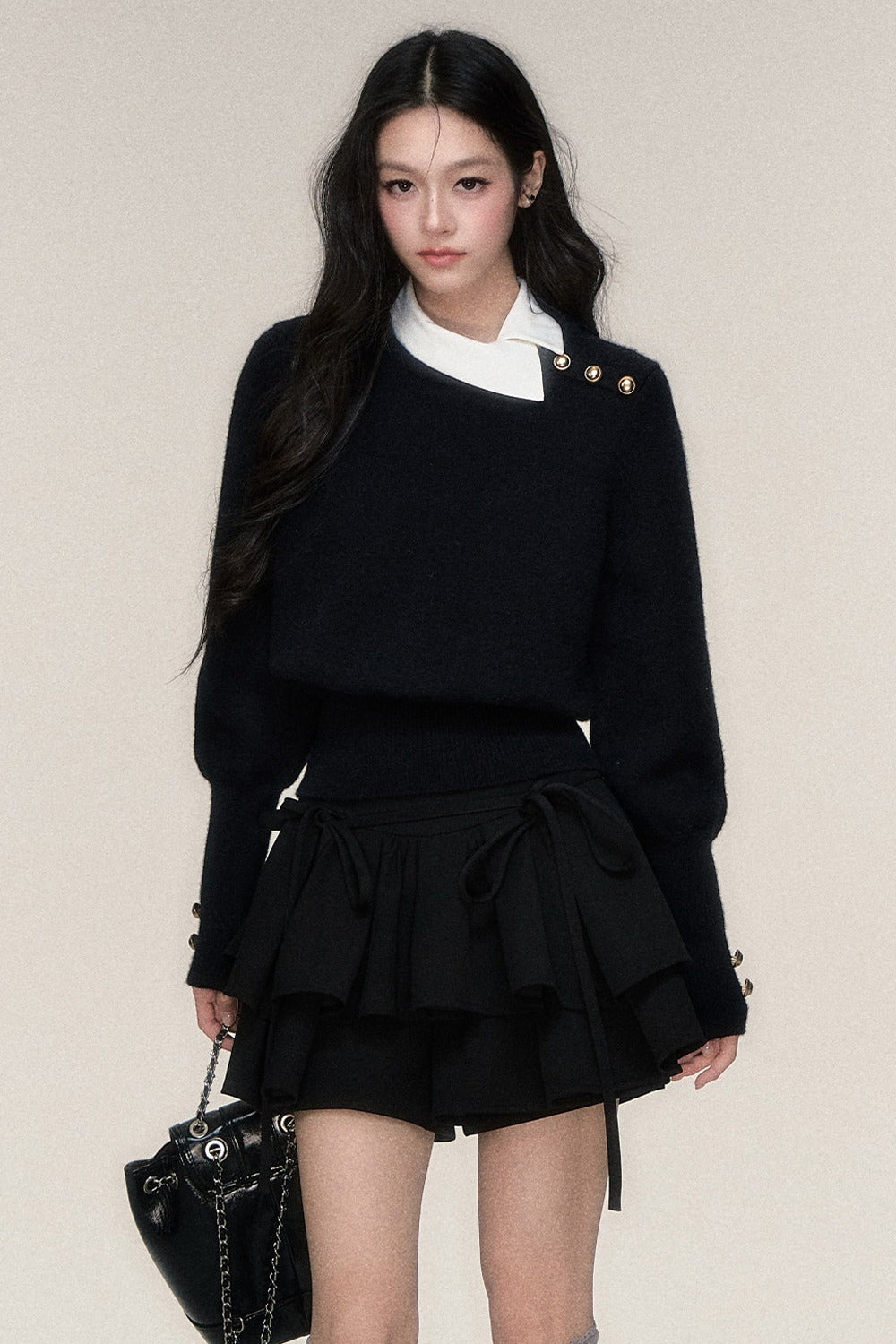 Black White Contrast Knit Top and Skirt Set-Up