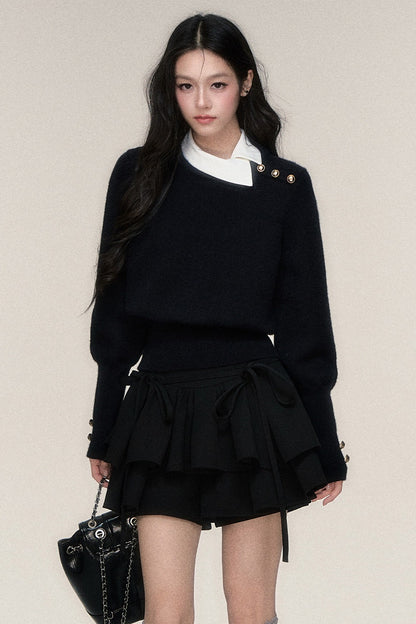 Black White Contrast Knit Top and Skirt Set-Up