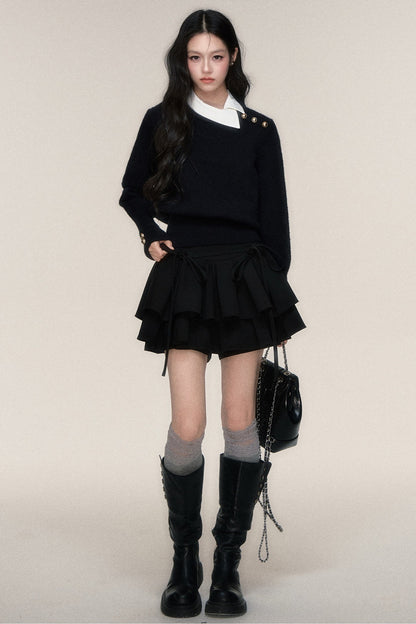 Black White Contrast Knit Top and Skirt Set-Up