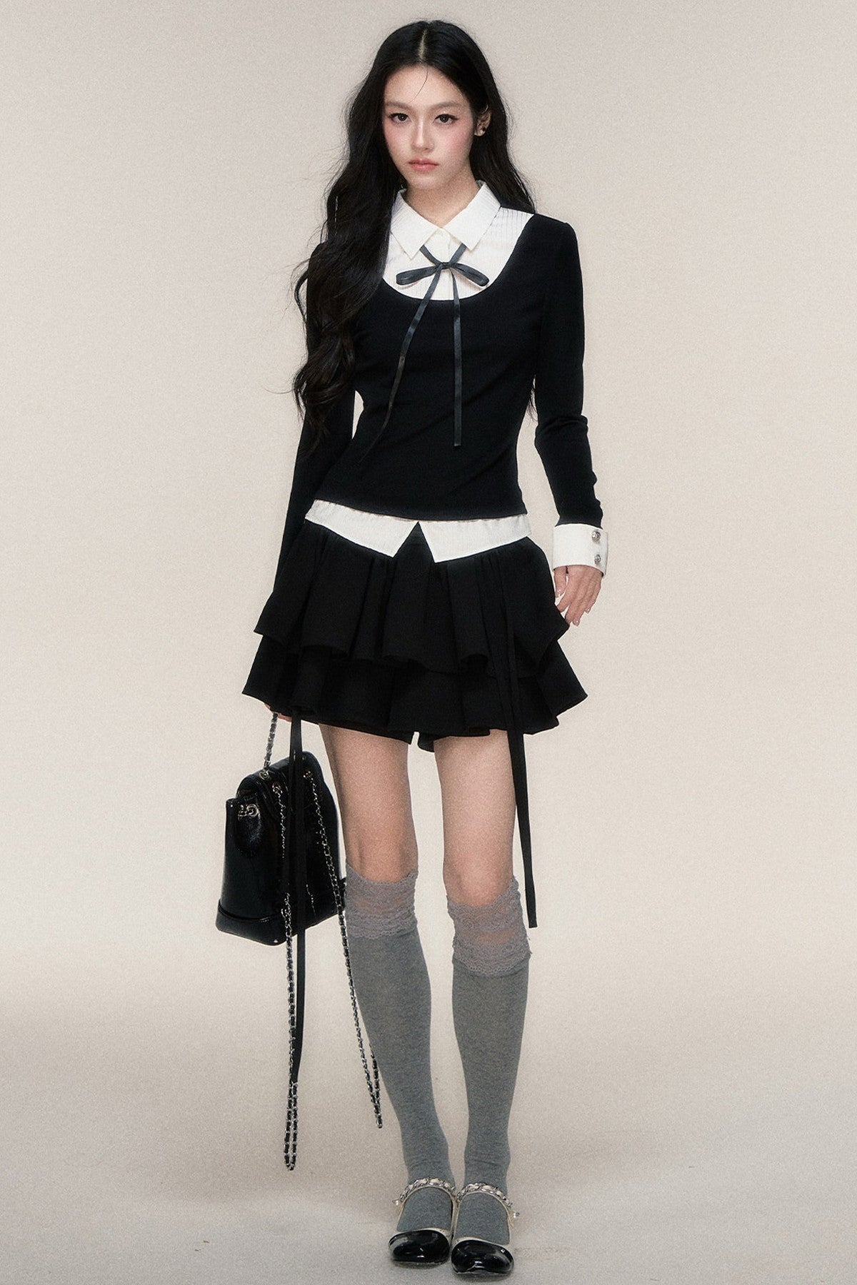 Lace-Up Color-Block T-Shirt and Skirt Set-Up