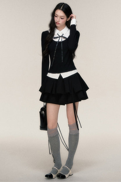 Lace-Up Color-Block T-Shirt and Skirt Set-Up
