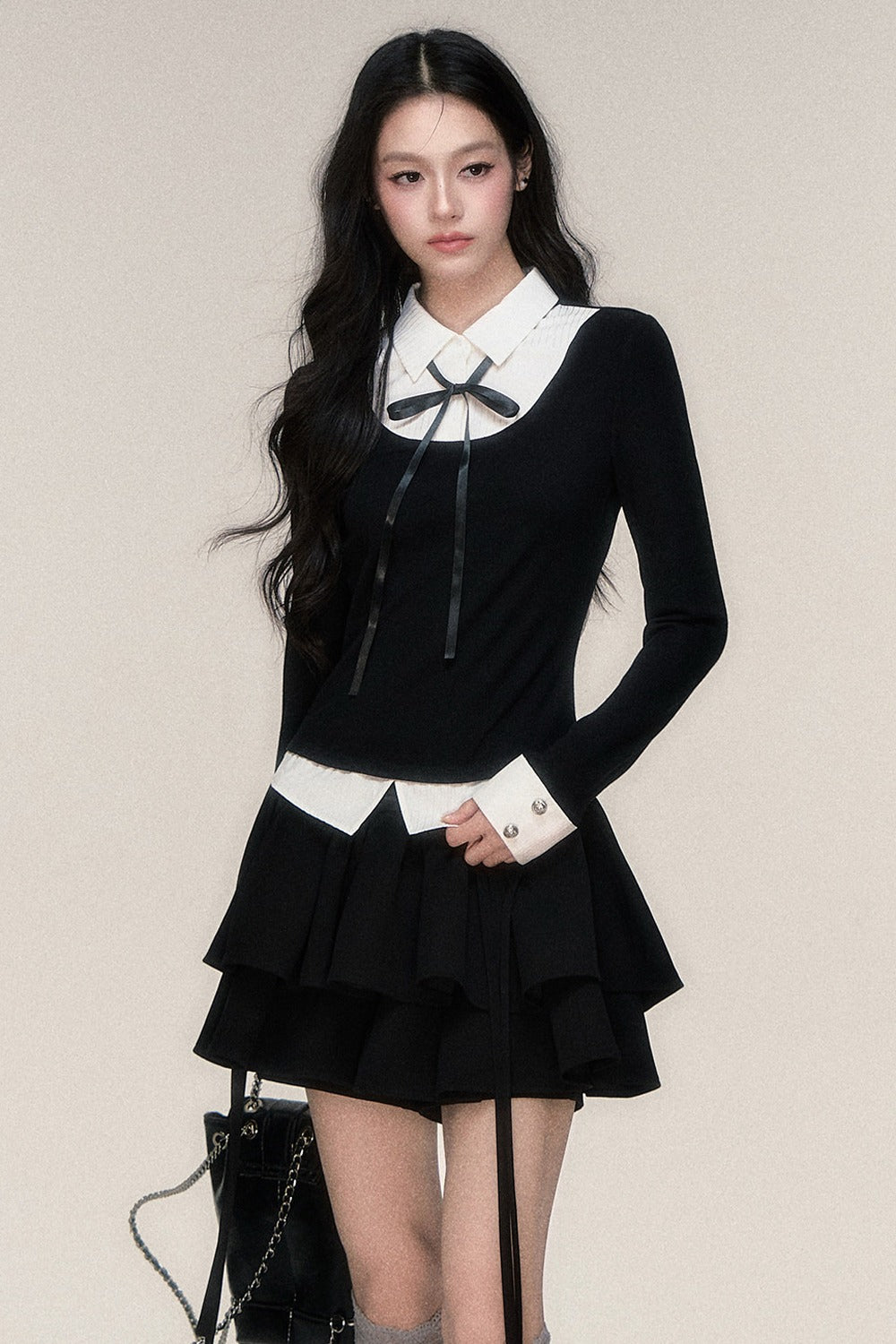 Lace-Up Color-Block T-Shirt and Skirt Set-Up