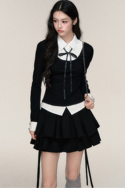 Lace-Up Color-Block T-Shirt and Skirt Set-Up