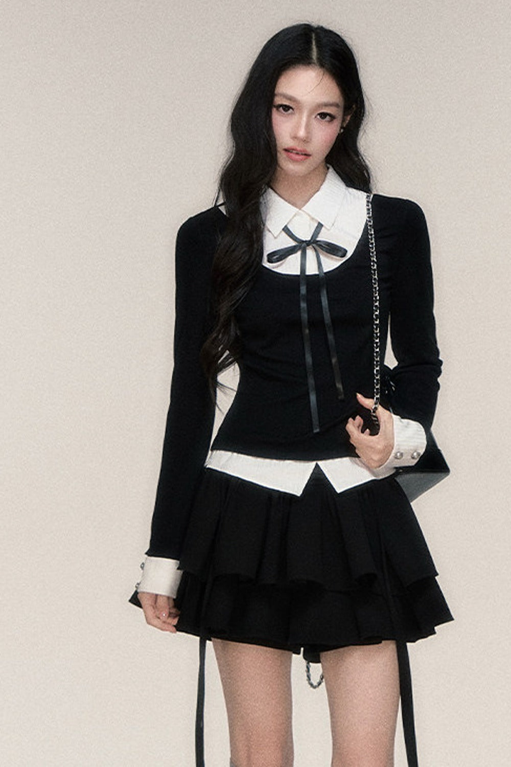 Lace-Up Color-Block T-Shirt and Skirt Set-Up