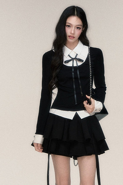 Lace-Up Color-Block T-Shirt and Skirt Set-Up