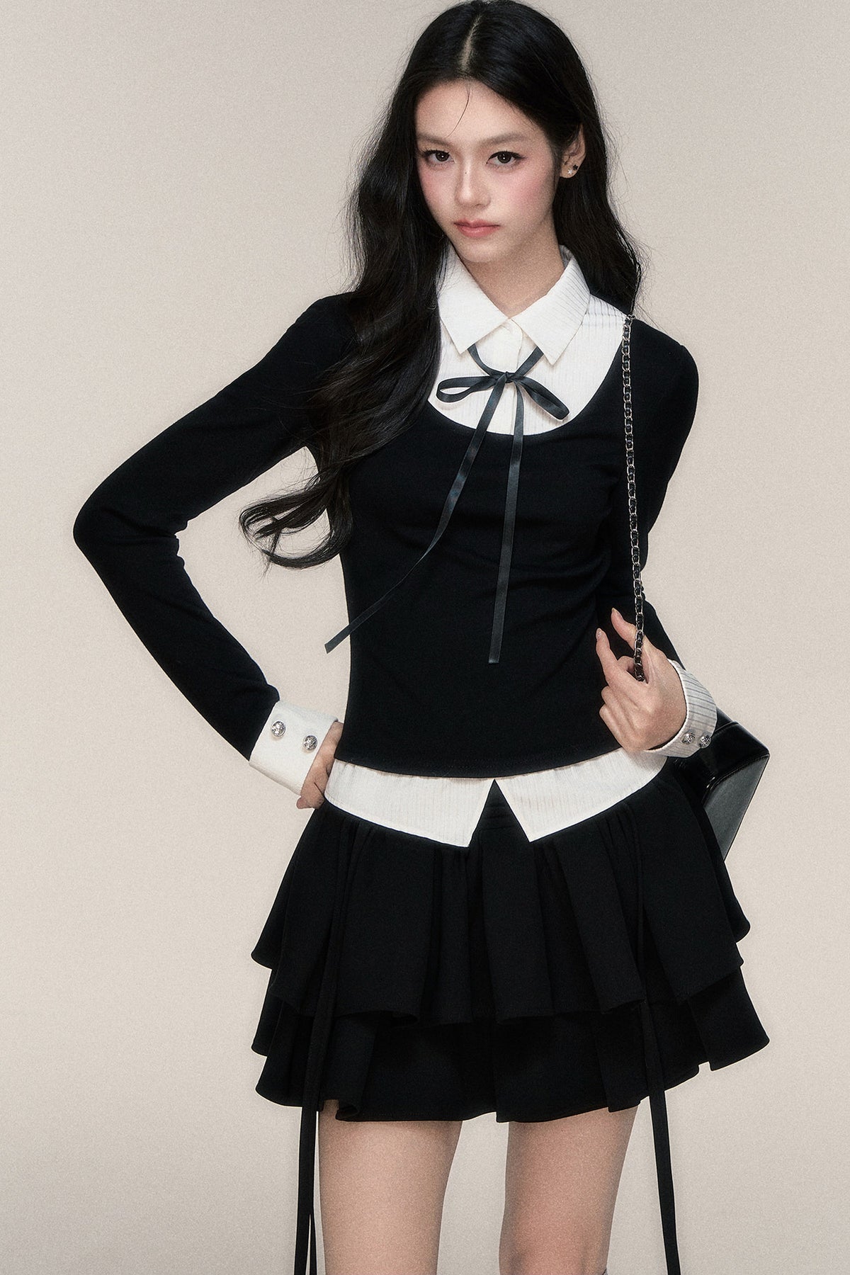 Lace-Up Color-Block T-Shirt and Skirt Set-Up