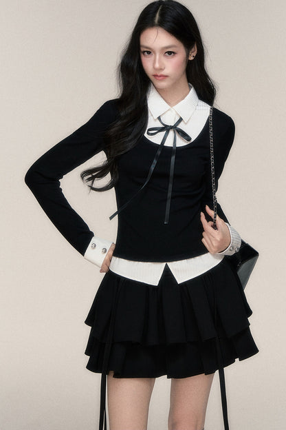 Lace-Up Color-Block T-Shirt and Skirt Set-Up