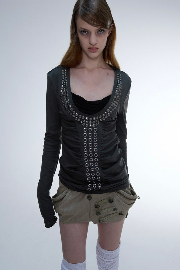 Armor-Style Swing Collar Metal Rivet Long-Sleeve T-Shirt