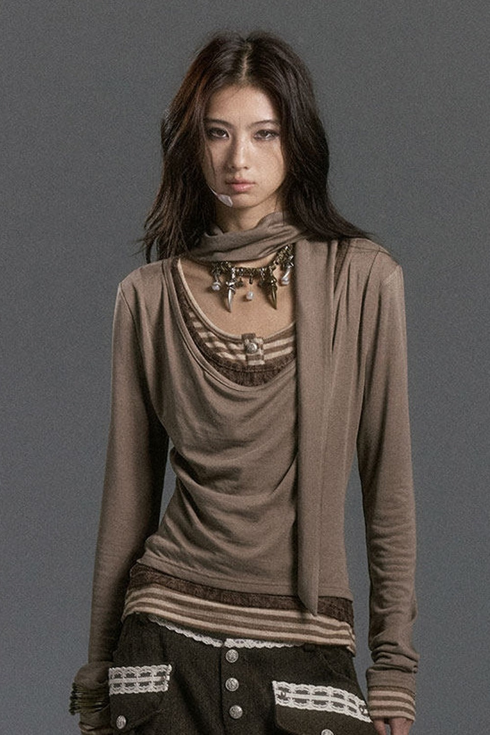 Langarmshirt im Lagenlook mit Spitzen-Patchwork und Streifen