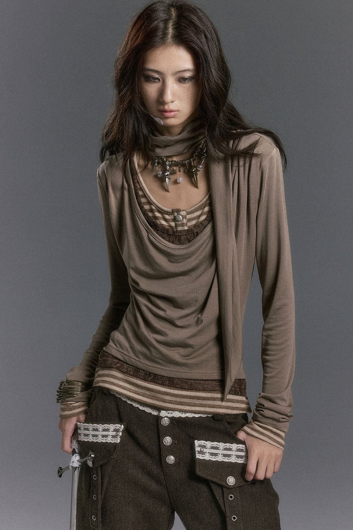 Langarmshirt im Lagenlook mit Spitzen-Patchwork und Streifen
