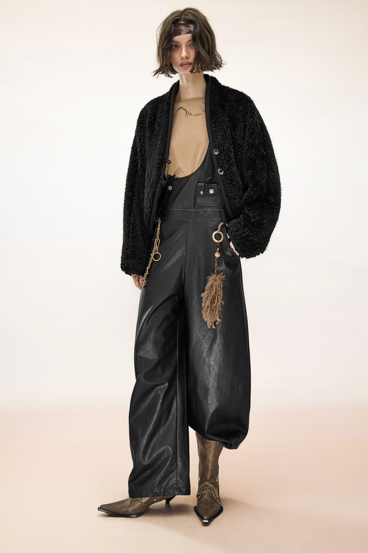 Wide-Leg Suspender Leather Pants