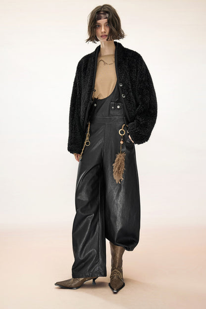 Wide-Leg Suspender Leather Pants