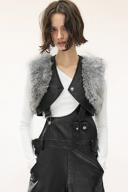 Wide-Leg Suspender Leather Pants