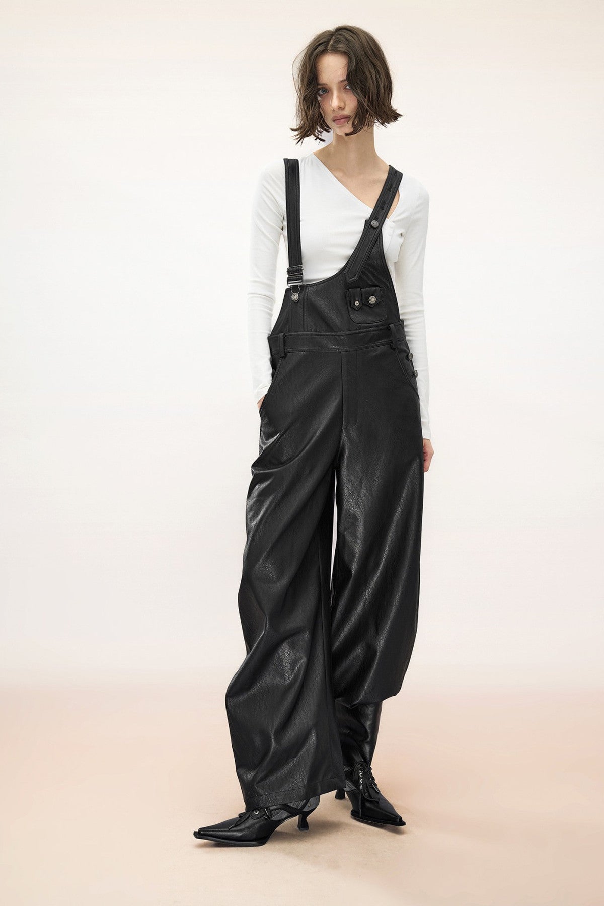 Wide-Leg Suspender Leather Pants