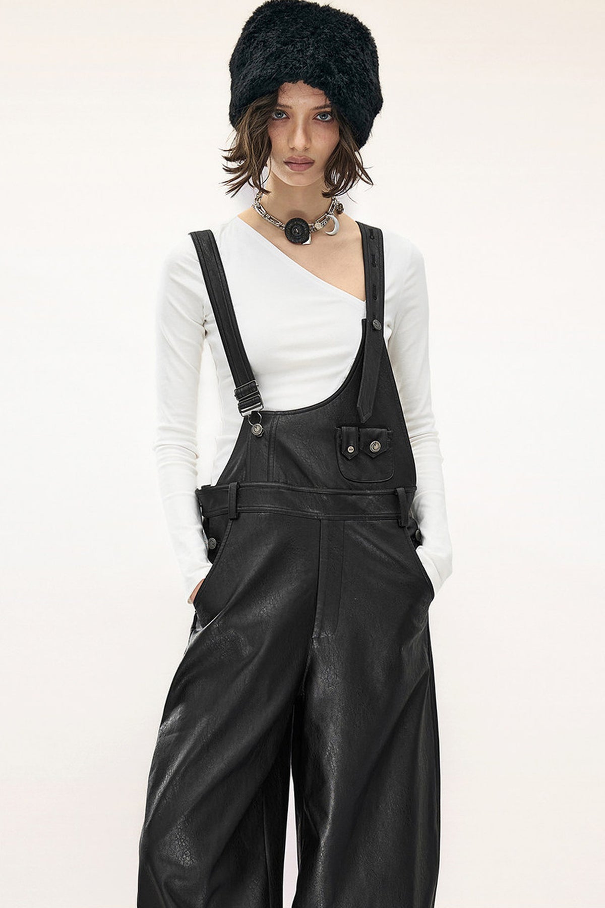 Wide-Leg Suspender Leather Pants