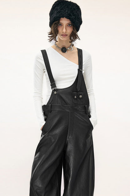 Wide-Leg Suspender Leather Pants