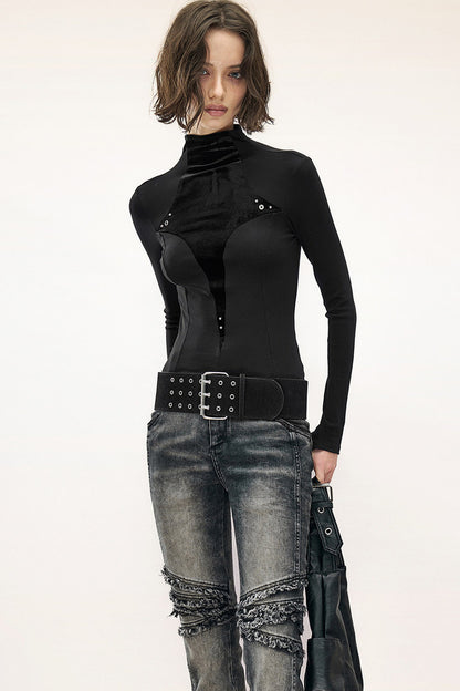 Layered Velvet Half-Turtleneck Long-Sleeve T-Shirt