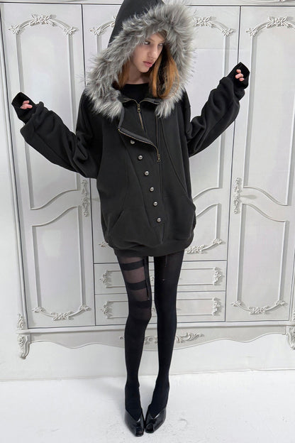 Oversize Hooded Fur Collar Jacket