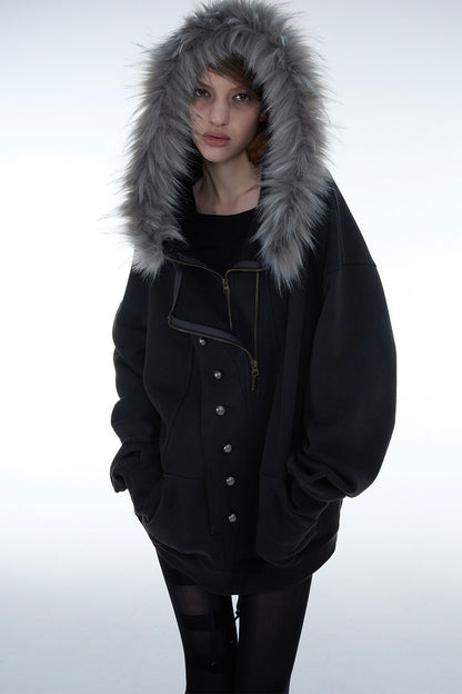 Oversize Hooded Fur Collar Jacket
